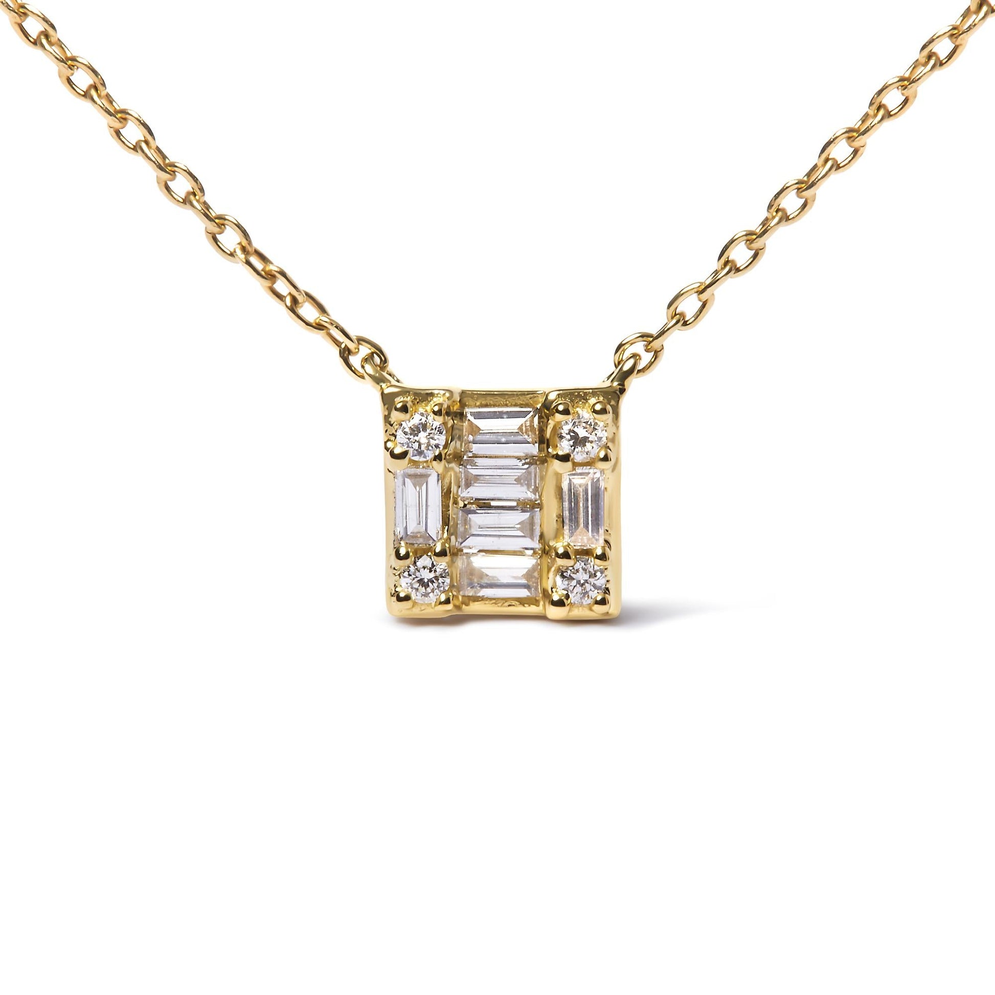 10K Yellow Gold 1/10 Cttw Round and Baguette Diamond Mosaic Composite Square 18" Inch Pendant Necklace (H-I Color, I1-I2 Clarity)-1