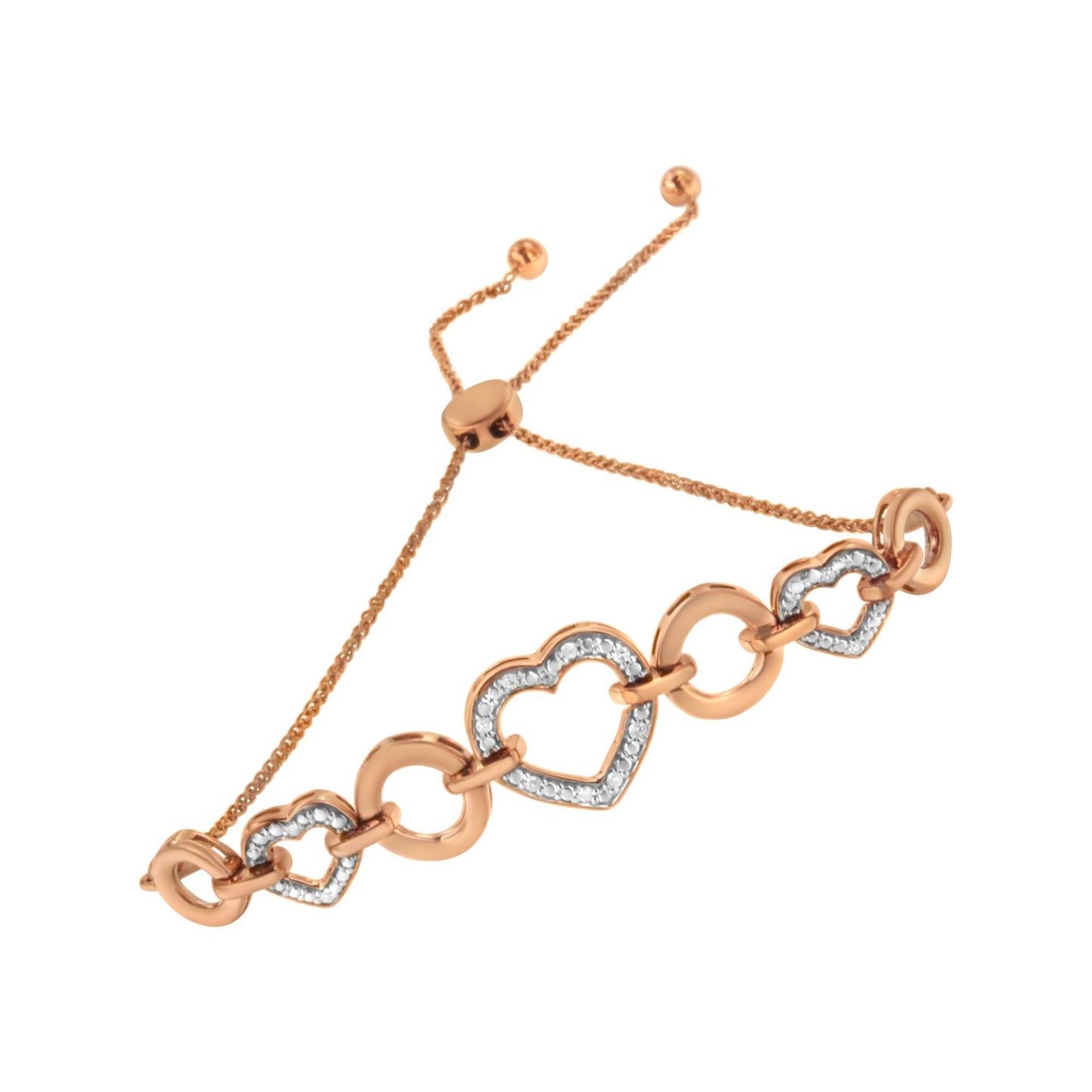 14K Rose Gold Plated .925 Sterling Silver Diamond Accent Circle and Heart Link Adjustable 6”-10” Bolo Bracelet (I-J Color, I3 Clarity)-1