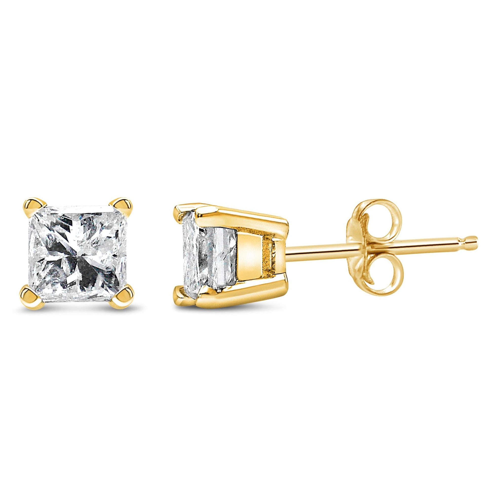 AGS Certified 14k Yellow Gold 1/4 cttw 4-Prong Set Princess-Cut Solitaire Diamond Push Back Stud Earrings (F-G Color, SI2-I1 Clarity)-1