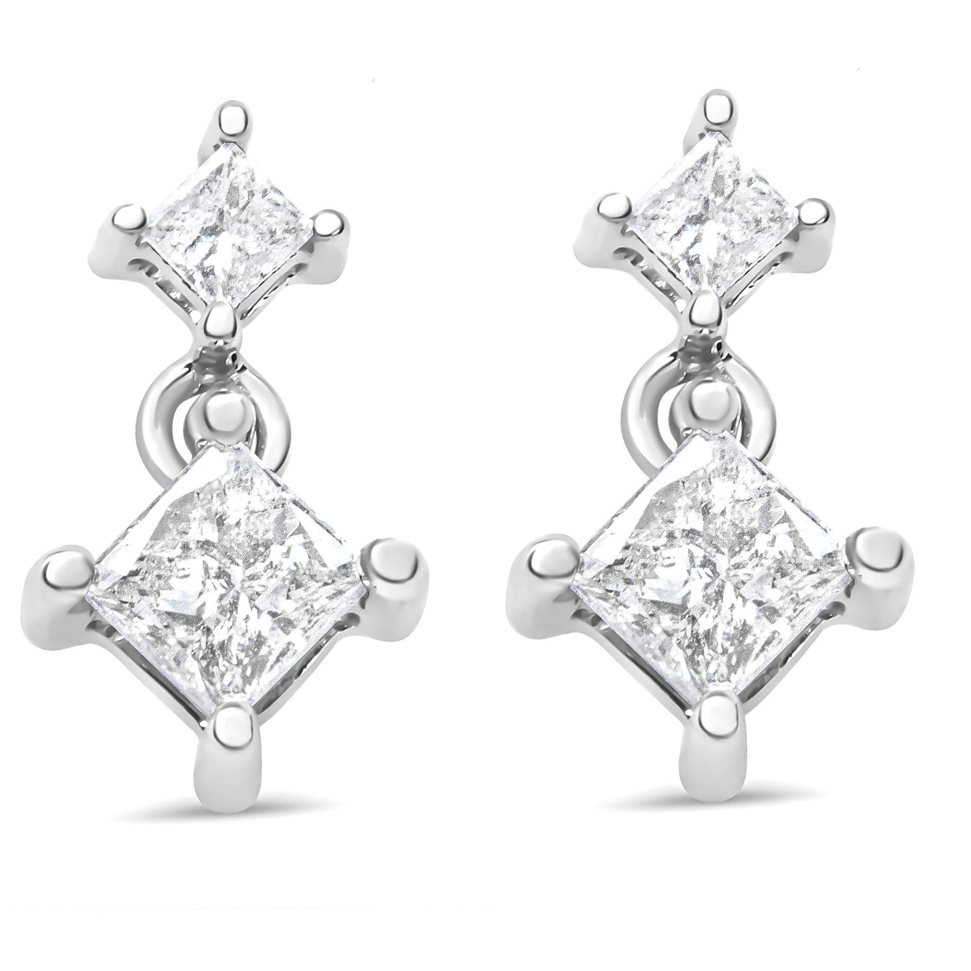 14K White Gold 3/8 Cttw Princess-Cut Diamond Double Dangle 2 Stone Stud Drop Earrings for Women (I-J Color, I2-I3 Clarity)-1