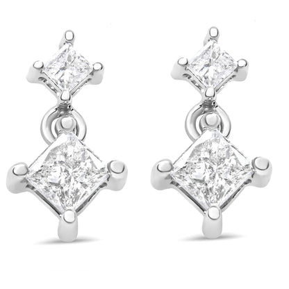 14K White Gold 3/8 Cttw Princess-Cut Diamond Double Dangle 2 Stone Stud Drop Earrings for Women (I-J Color, I2-I3 Clarity)-1