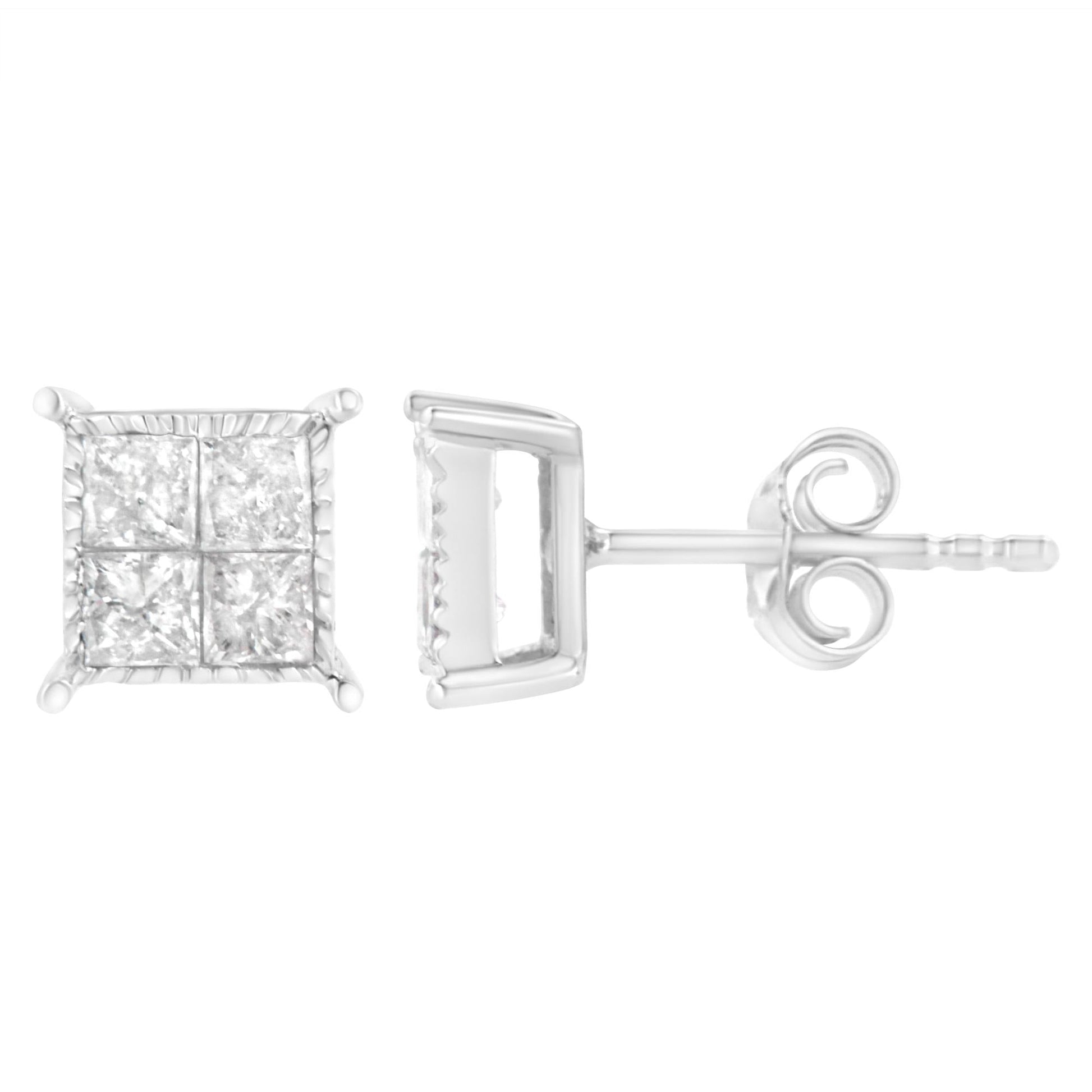 10K White Gold Square Earrings with Princess Cut Diamond (3/4 cttw, I-J Color, I2-I3 Clarity)-1