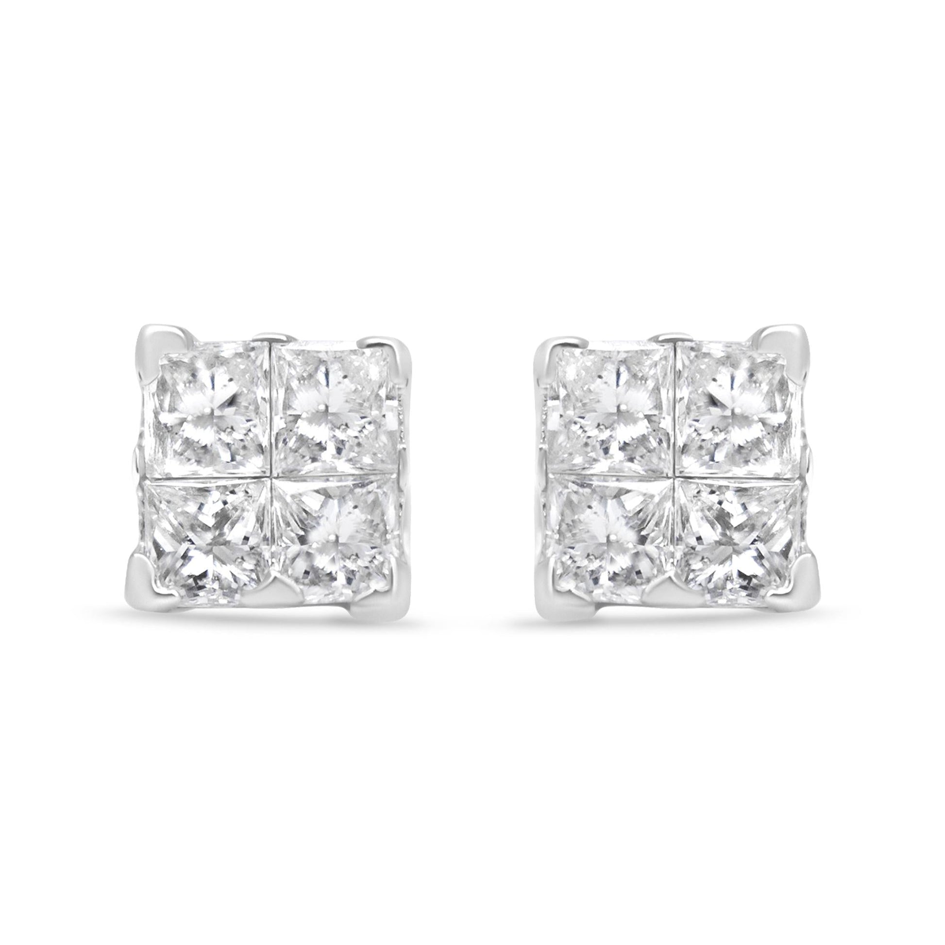 .925 Sterling Silver 5/8 Cttw Princess Cut Diamond Invisible Set Quad Composite Stud Earrings (I-J Color, I2-I3 Clarity)-1