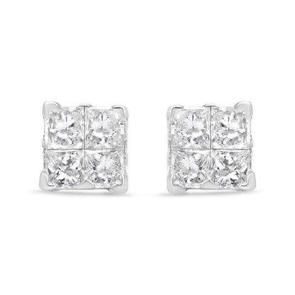 .925 Sterling Silver 5/8 Cttw Princess Cut Diamond Invisible Set Quad Composite Stud Earrings (I-J Color, I2-I3 Clarity)-1