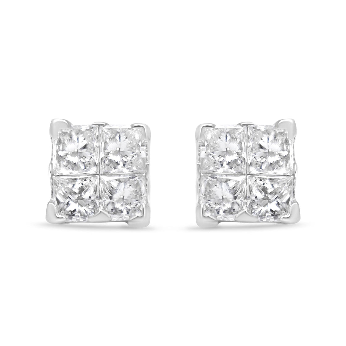 .925 Sterling Silver 5/8 Cttw Princess Cut Diamond Invisible Set Quad Composite Stud Earrings (I-J Color, I2-I3 Clarity)-1