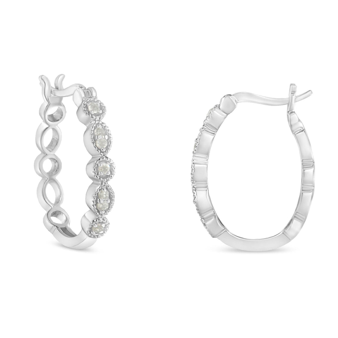 .925 Sterling Silver 1/6 cttw Diamond Milgrain Hoop Earring (I-J Color, I3 Clarity)-1
