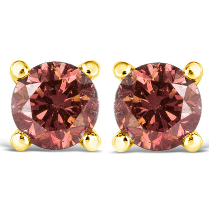 14K Yellow Gold 1.00 Cttw Round Brilliant Cut Lab Grown Pink Diamond 4-Prong Classic Solitaire Earrings (Pink Color, VVS2-VS1 Clarity)-1