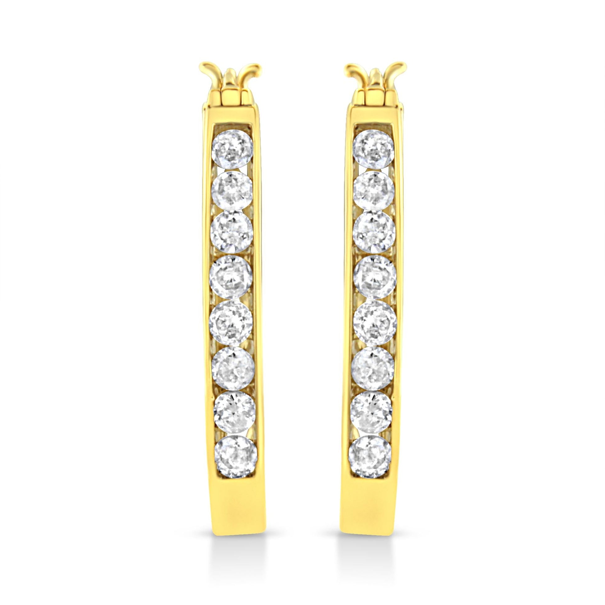 14k Yellow Gold Plated .925 Sterling Silver 1.0 Cttw Channel Set Brilliant Round Cut Diamond Hoop Earrings (J-K Color, I2-I3 Clarity)-1