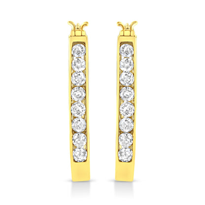 14k Yellow Gold Plated .925 Sterling Silver 1.0 Cttw Channel Set Brilliant Round Cut Diamond Hoop Earrings (J-K Color, I2-I3 Clarity)-1