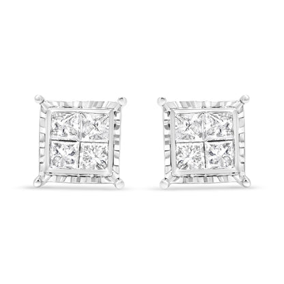 14K White Gold 1 1/2 Cttw Invisible Set Princess-Cut Diamond Contemporary Wavy Quad Stud Earrings (I-J Color, I1-I2 Clarity)-1