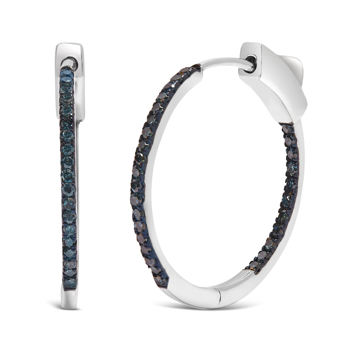 .925 Sterling Silver 1/3 Cttw Inside Out Blue Treated Diamond 1MM Wide Hoop Earrings (Blue Color, I2-I3 Clarity)-1