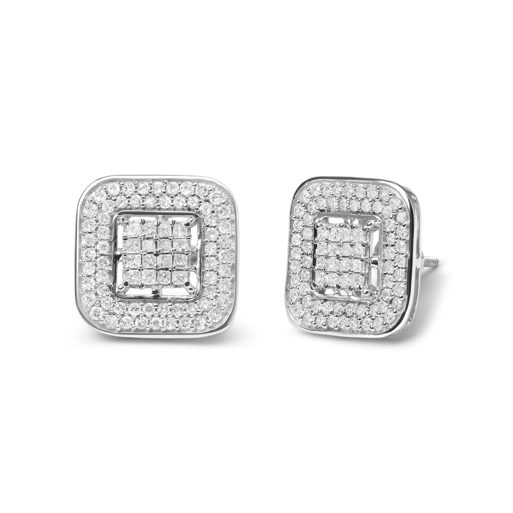 10K White Gold 1.0 Cttw Round and Princess Cut Diamond Composite Open Halo Stud Earrings (H-I Color, SI1-SI2 Clarity)-1