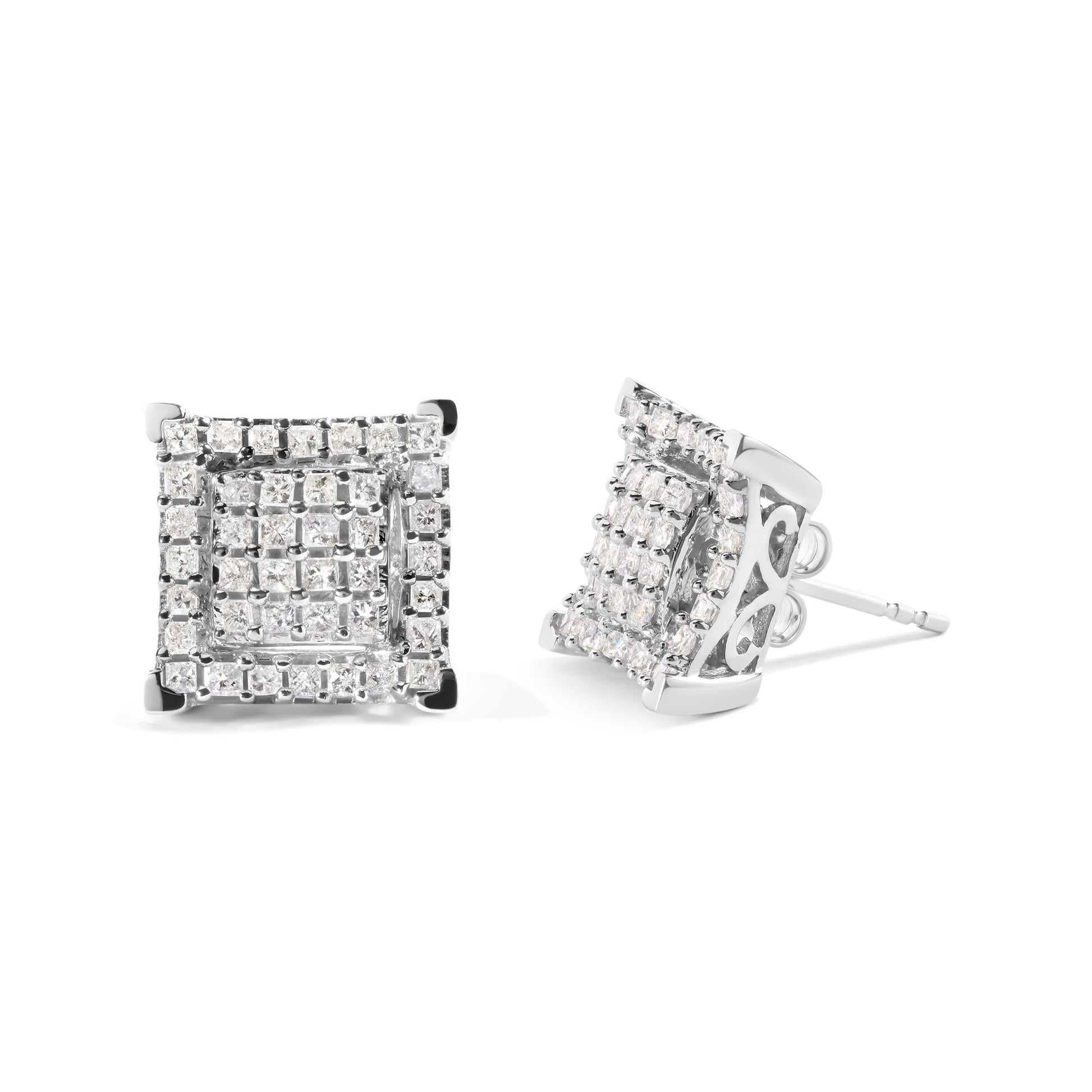 10K White Gold 1 1/4 Cttw Princess Diamond Composite Double Square and Halo Stud Earrings (I-J Color, I1-I2 Clarity)-1