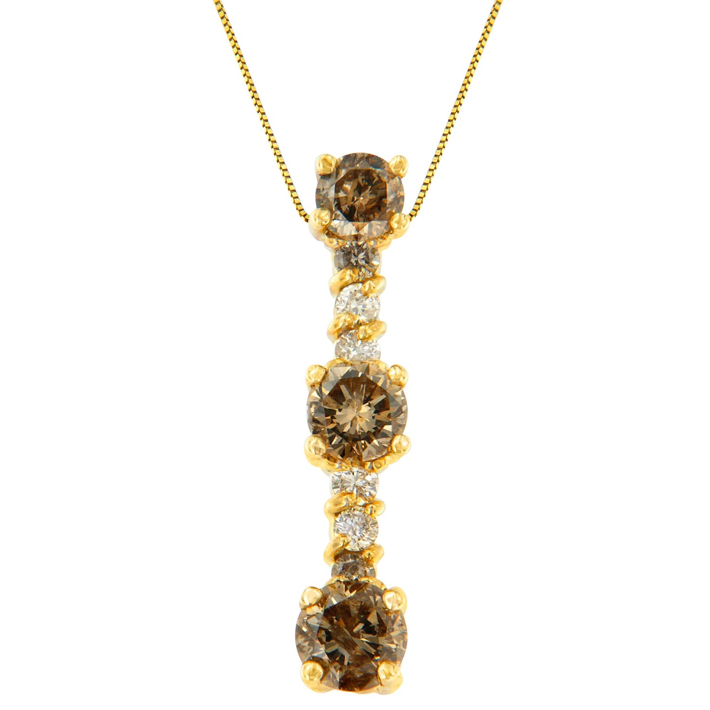 14K Yellow Gold 1 cttw White and Champagne Round Cut Diamond Drop Pendant Necklace (I-J, I1-I2)-1
