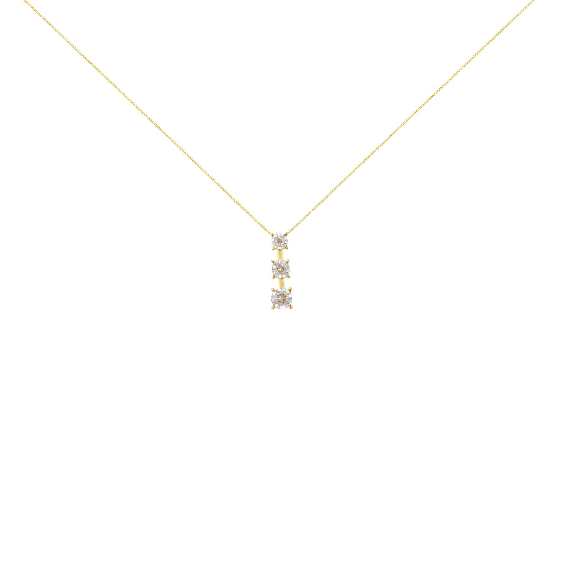 10K Yellow Gold 1/4 cttw Miracle-Set Brilliant Round Cut Diamond Graduating 3 Stone Drop 18" Pendant Necklace (J-K Color, I1-I2 Clarity)-1