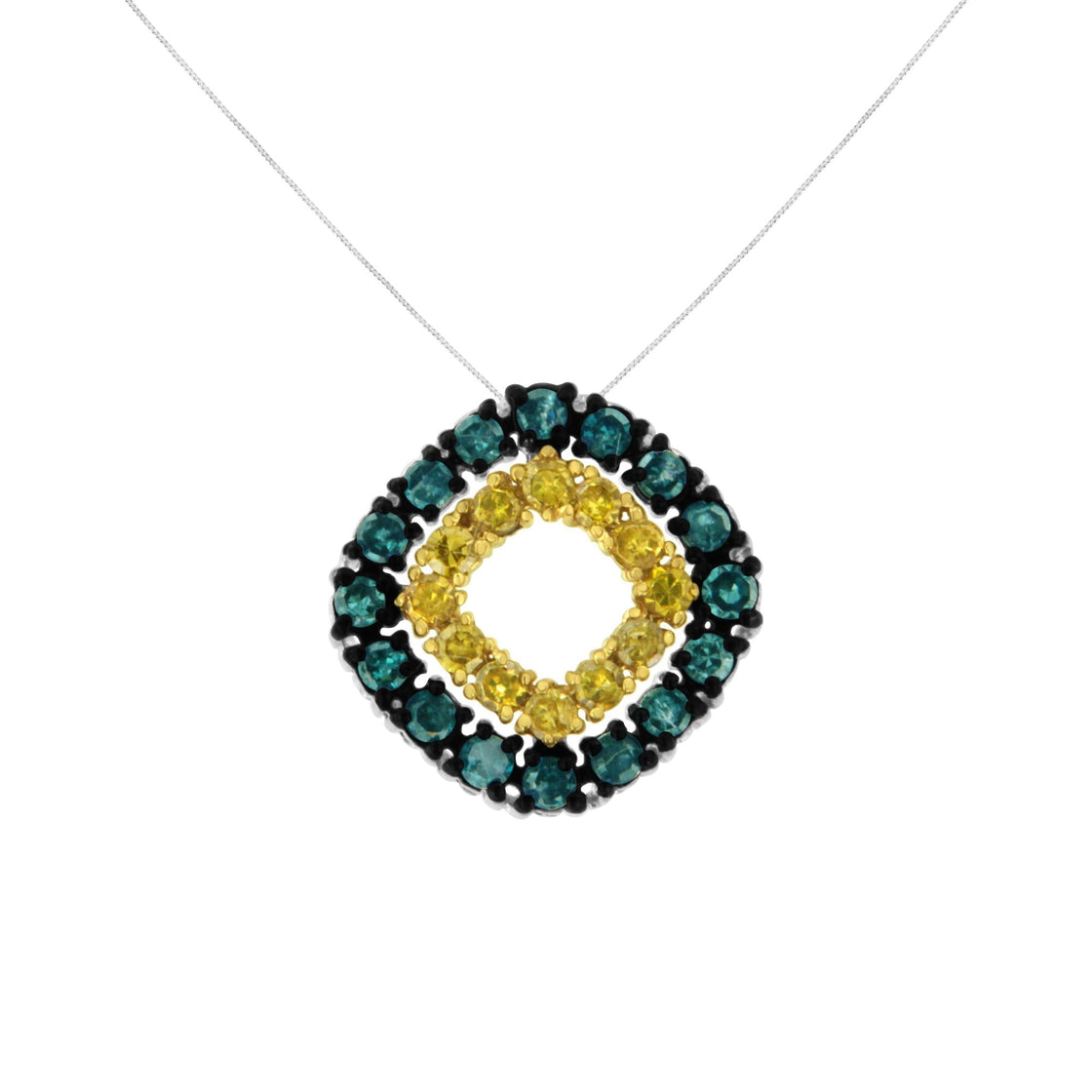 .925 Sterling Silver 1/2 Cttw Treated Blue and Yellow Diamond Double Square 18" Pendant Necklace (Blue/Yellow Color, I2-I3 Clarity)-1