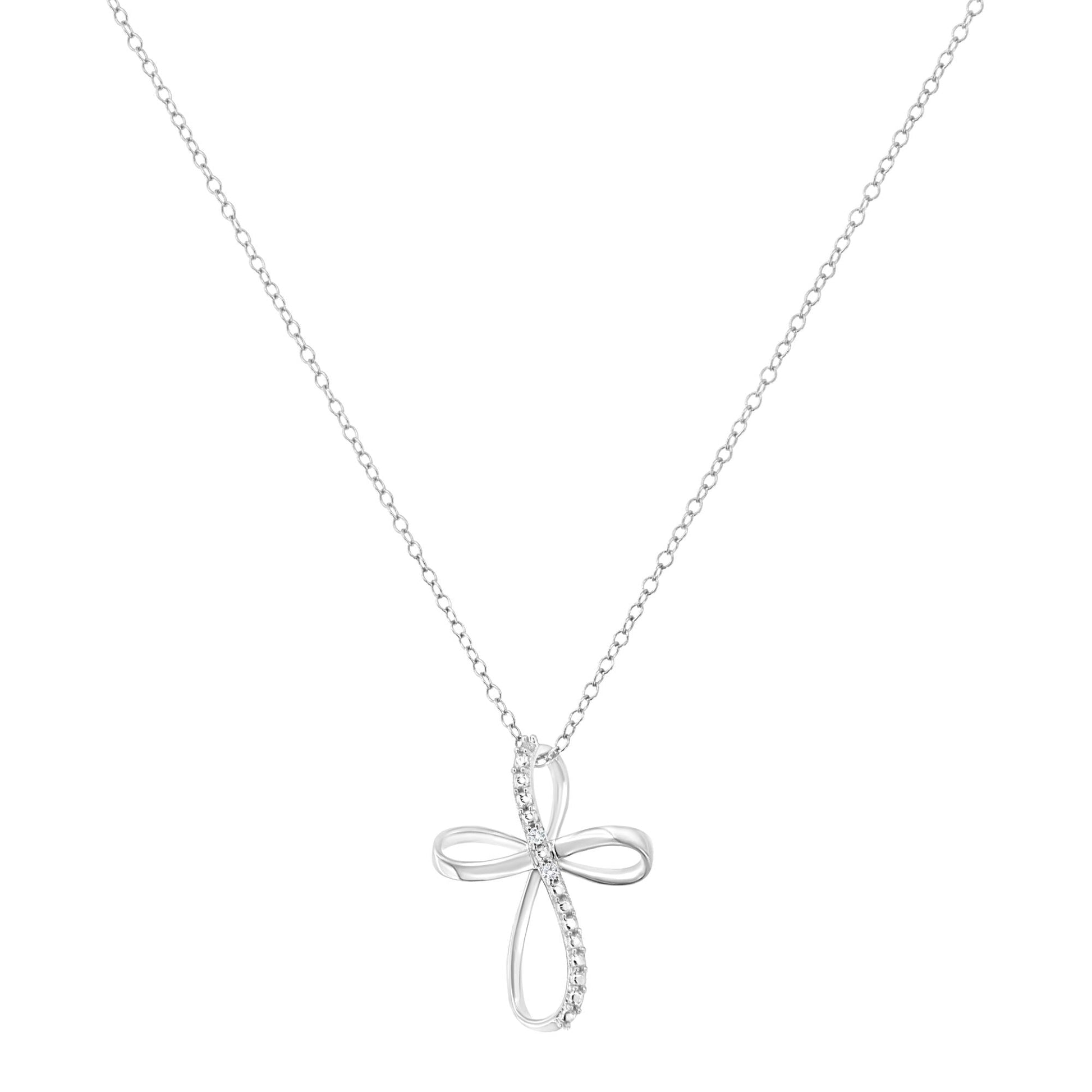 .925 Sterling Silver Diamond Accent Cross Ribbon 18" Pendant Necklace (I-J Color, I2-I3 Clarity)-2