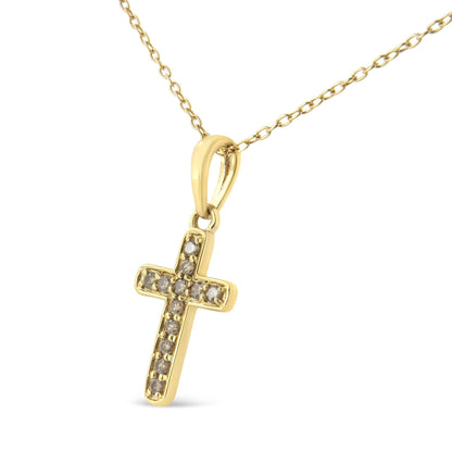 10K Yellow Gold Flashed .925 Sterling Silver 1/4 Cttw Champagne Diamond Cross Pendant Necklace (K-L Color, I1-I2 Clarity) - 18"-1