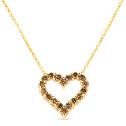14K Yellow Gold Plated .925 Sterling Silver 1.0 Cttw Champagne Diamond Heart Pendant Necklace (K-L Color, I1-I2 Clarity) - 18"-1