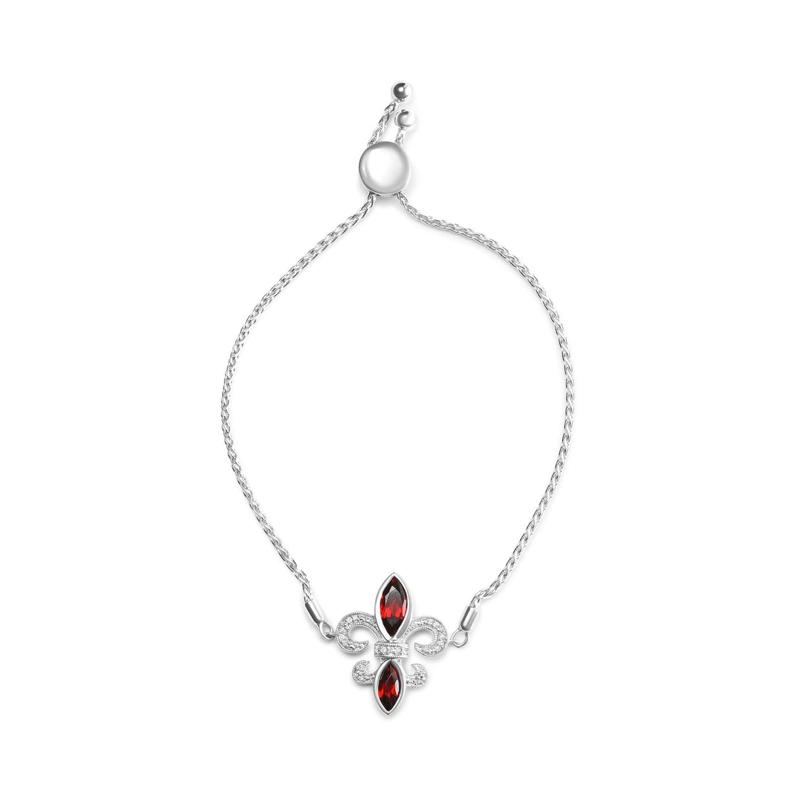 .925 Sterling Silver Marquise Garnet  and Diamond Accent Lariat 4”-10” Fleur De Lis Adjustable Bolo Bracelet (H-I Color, SI1-SI2 Clarity)-1