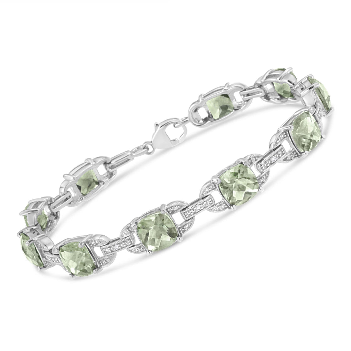 .925 Sterling Silver 7x7 mm Cushion Cut Green Amethyst and 1/20 cttw Round Cut Diamond Fashion Tennis Bracelet (I-J Color, I1-I2 Clarity) - 7"-1