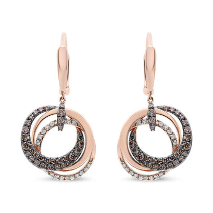 14K Rose Gold 1.00 Cttw White and Brown Diamond Intertwining Hoops and Circle Dangle Earrings (H-I/Brown Color, SI1-SI2 Clarity)-1