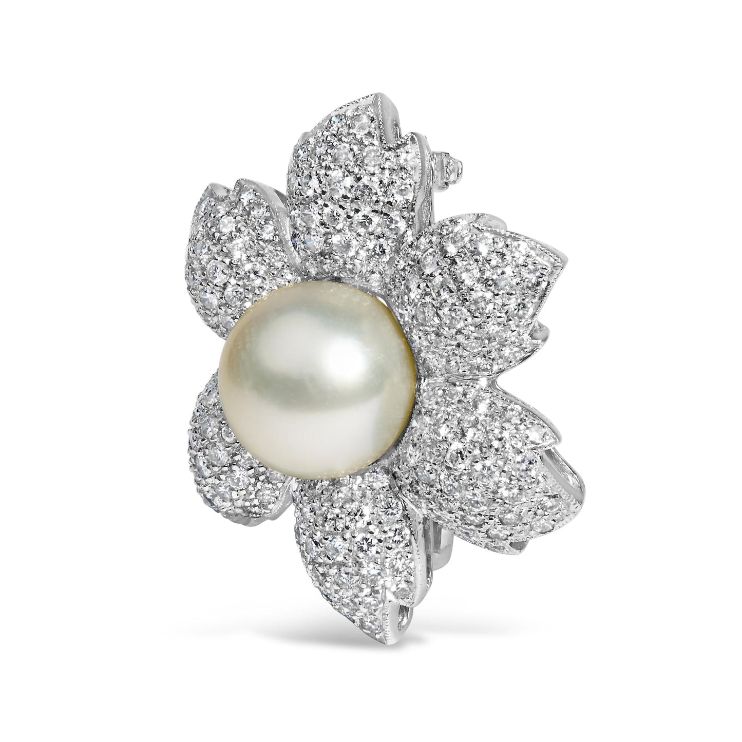 18K White Gold 2 3/4 Cttw Diamond and 12.5 MM Cultured Freshwater Pearl Floral Brooch Pin (G-H Color, VS1-VS2 Clarity)-1