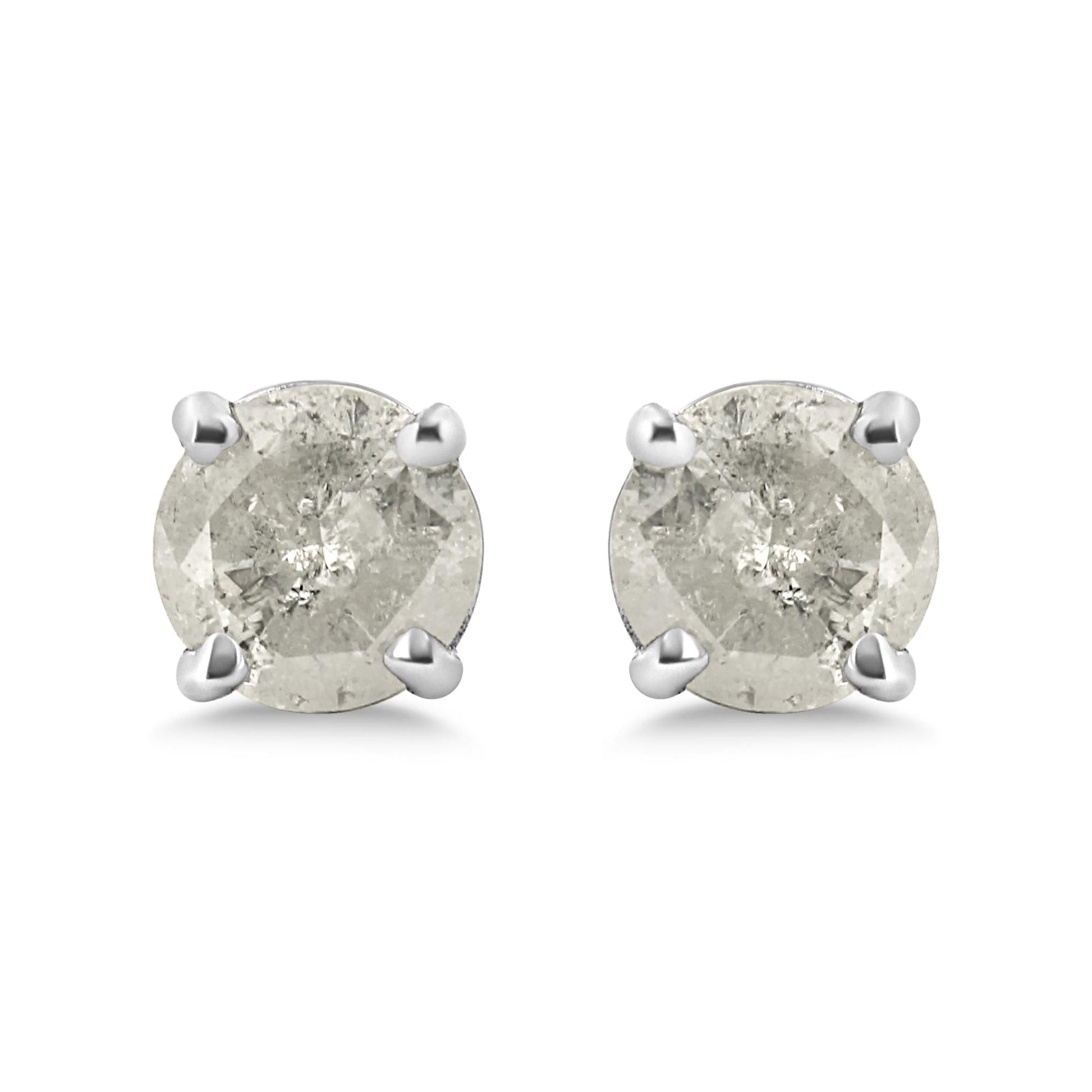 .925 Sterling Silver 4-Prong Round-cut "Salt and Pepper" Diamond Classic Stud Earrings (I-J Color, I3 Clarity)-3