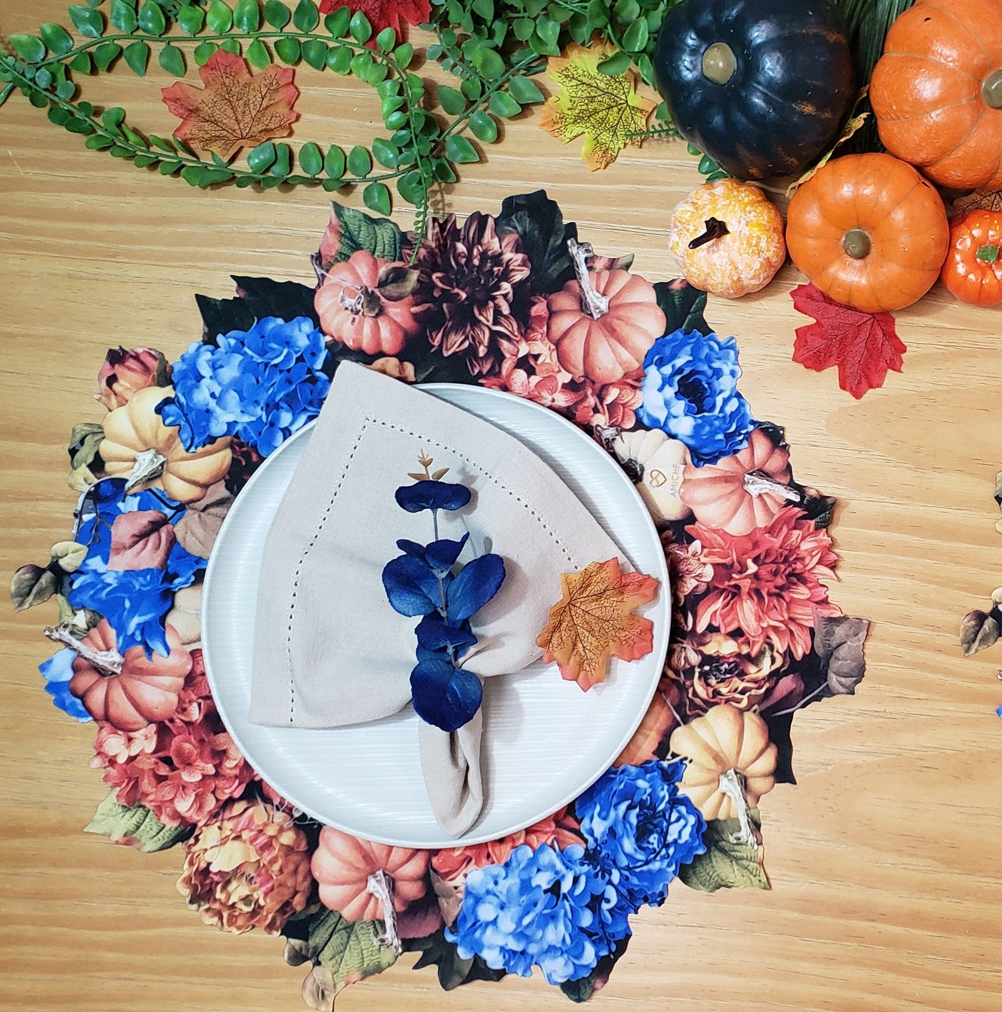 Maison Charlô - Set of 4 Waterproof Placemats Thanksgiving Pumpkin Wreath-1