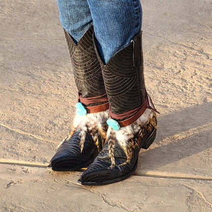 Boho Western Boot Wrap Cuff w/ Feathers & Turquoise 500f-2