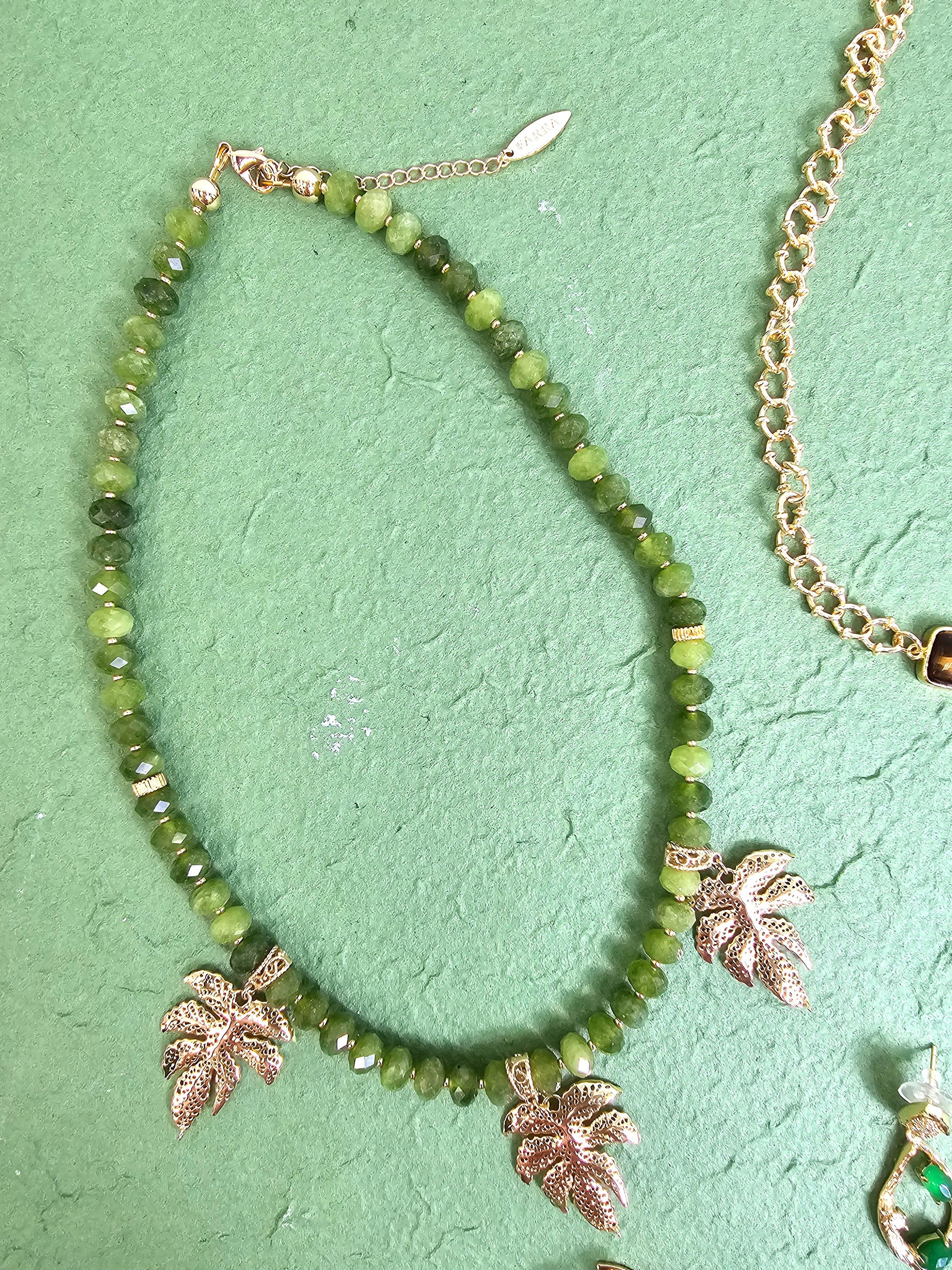 Green Jade With Leaves Pendant Statement Necklace PN066-4