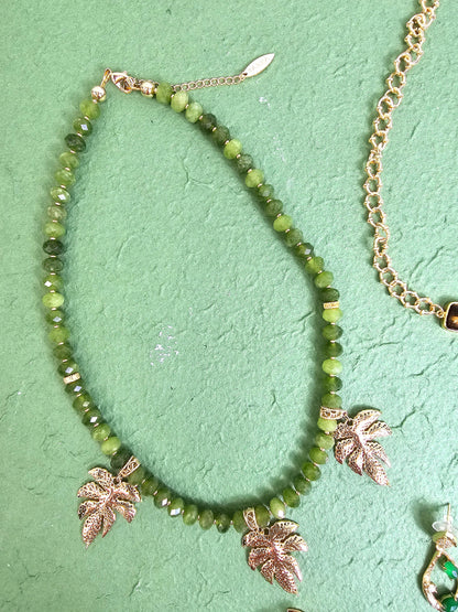 Green Jade With Leaves Pendant Statement Necklace PN066-4