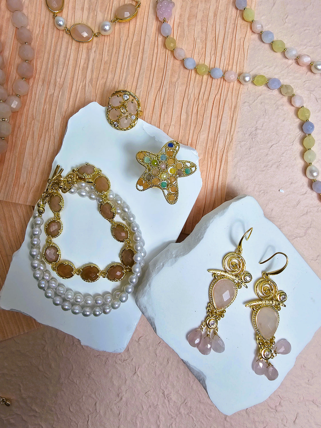 Bohemian Pink Rose Quartz Chandelier Earrings PE028-2