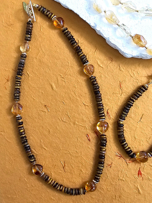 Brown Tiger-eye With Heart Shaped Citrine Short Necklace PN052-0