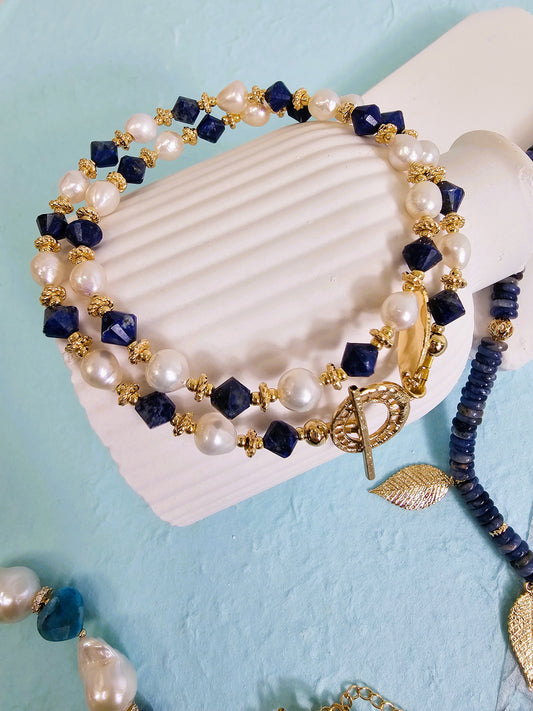 Blue Lapis With Freshwater Pearls Choker Necklace PB012-0