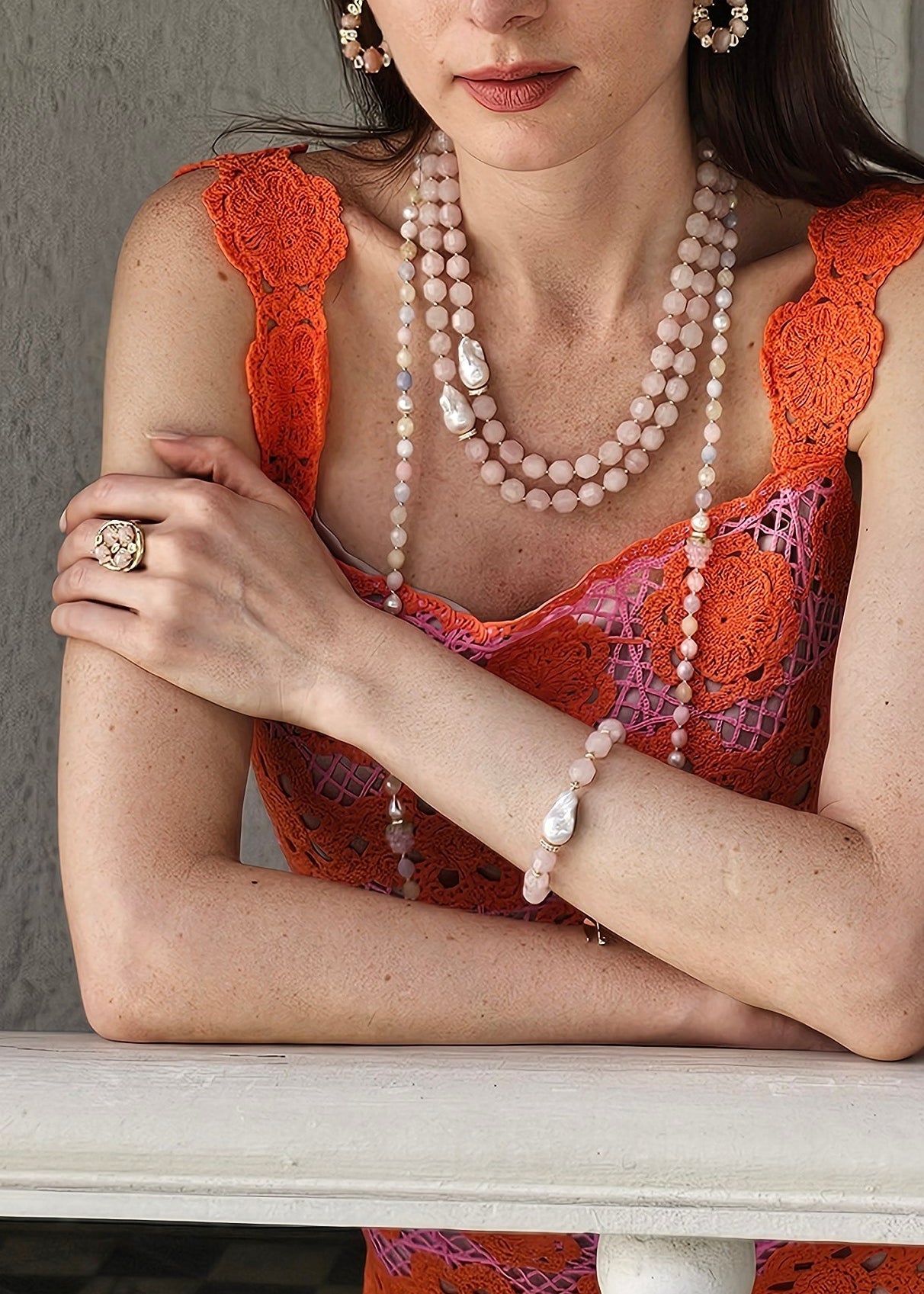 Faceted Rose Quartz With Baroque Pearl Adjustable Bracelet PB015-1