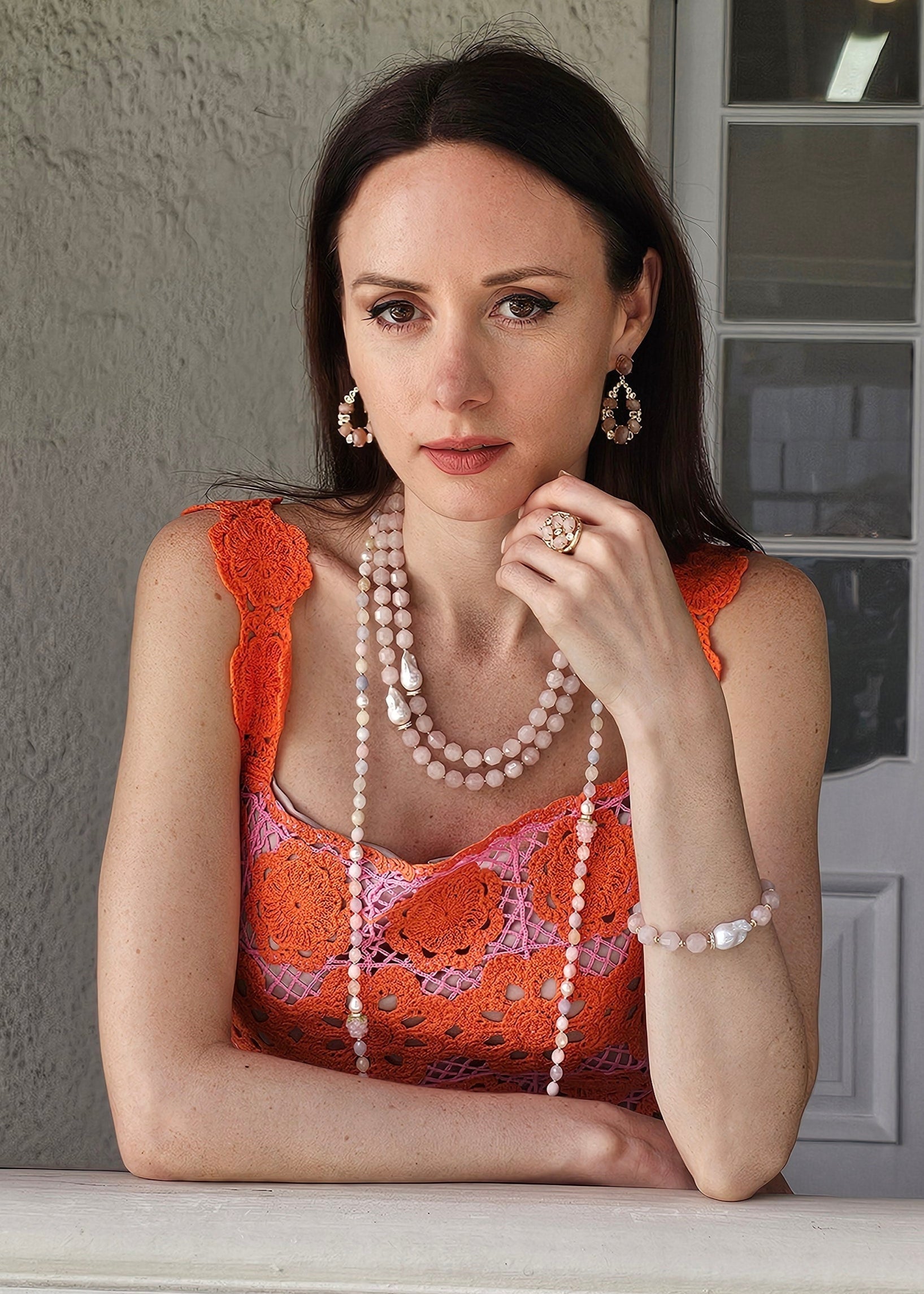 Faceted Rose Quartz With Baroque Pearls Double Layers Necklace PN039-4