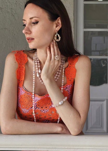 Faceted Rose Quartz With Baroque Pearl Adjustable Bracelet PB015-4