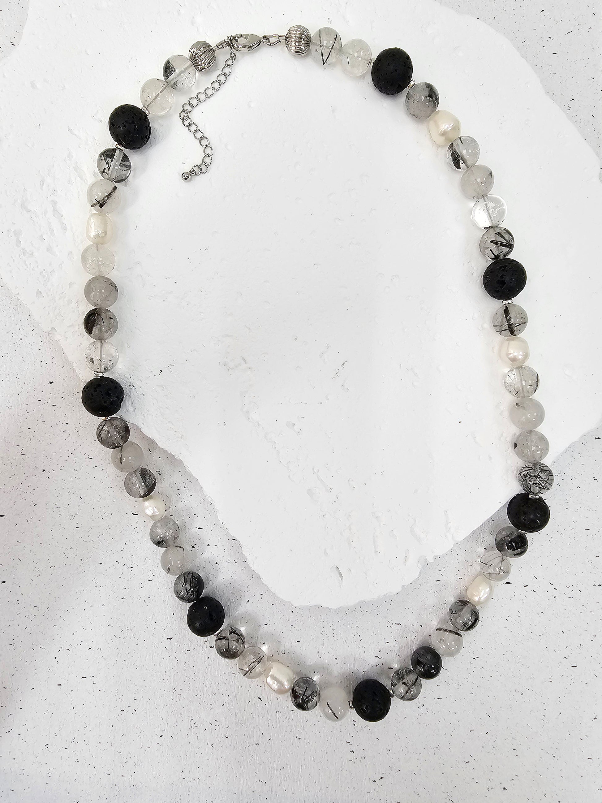 Black Rutilated Quartz With Lava Stone And Pearls Necklace MEN16-1