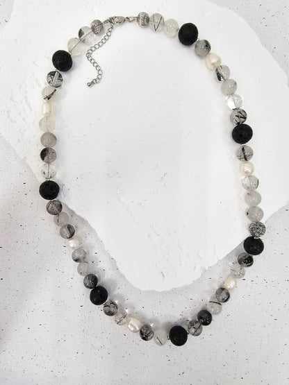 Black Rutilated Quartz With Lava Stone And Pearls Necklace MEN16-1