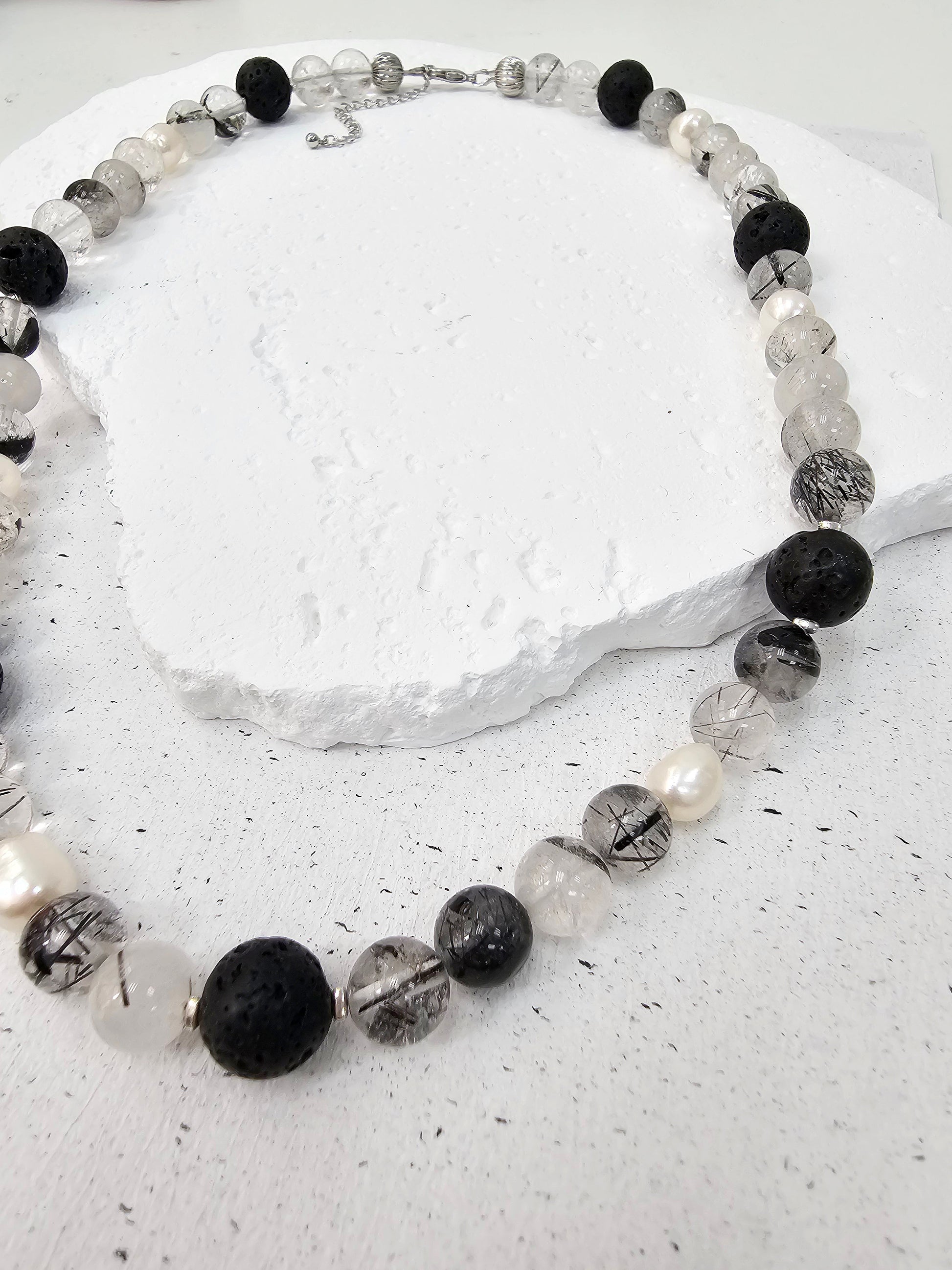 Black Rutilated Quartz With Lava Stone And Pearls Necklace MEN16-2