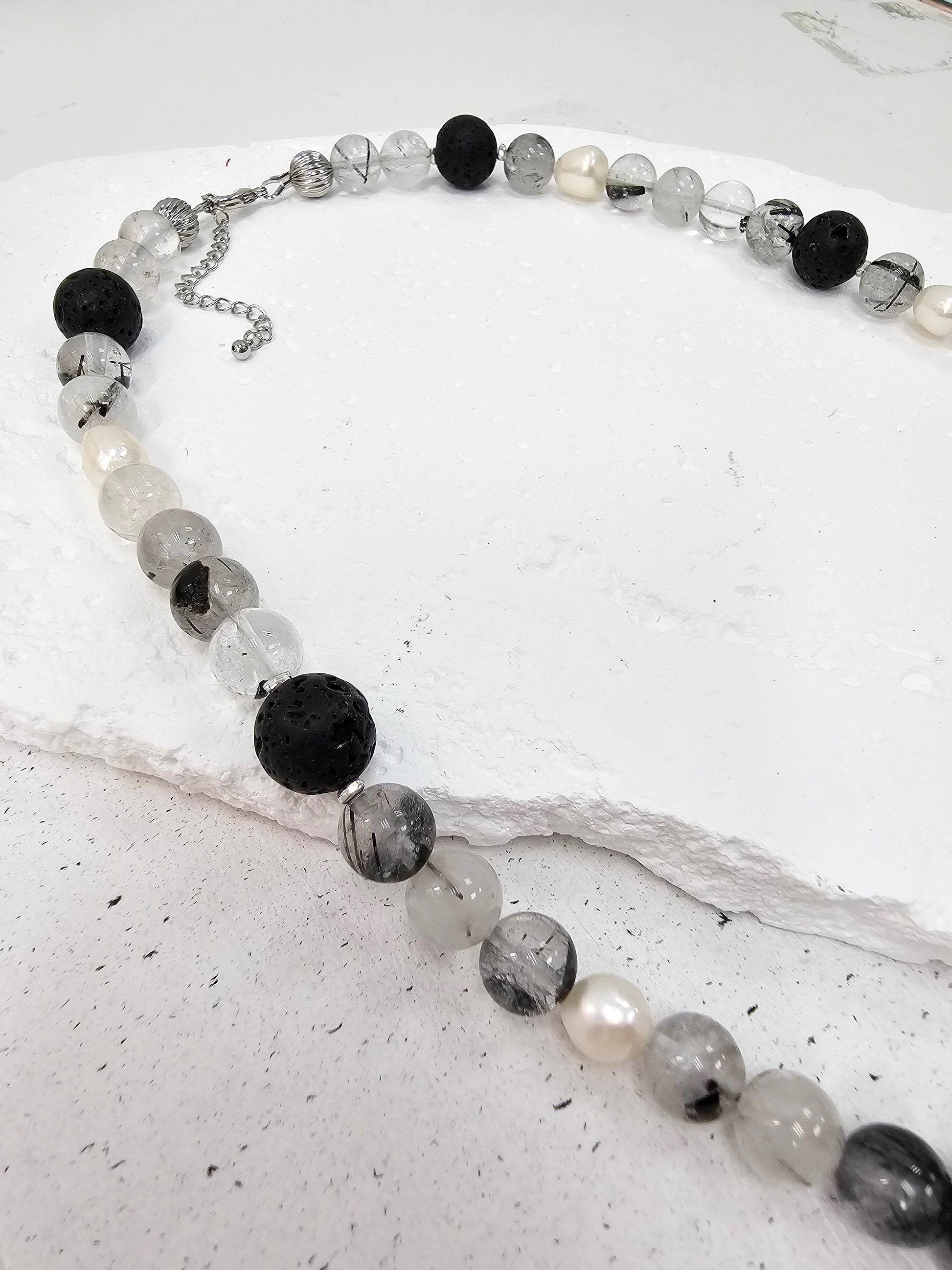 Black Rutilated Quartz With Lava Stone And Pearls Necklace MEN16-3