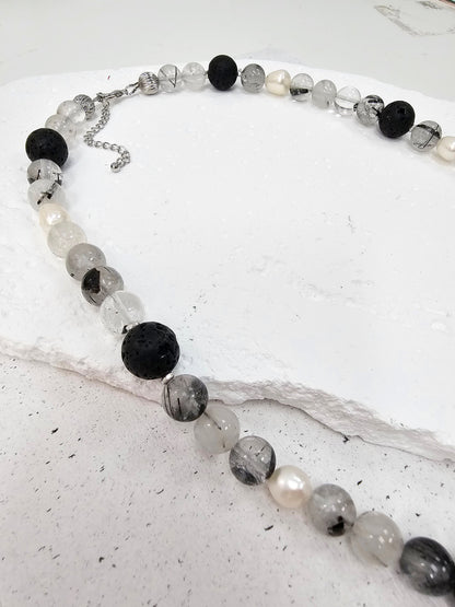 Black Rutilated Quartz With Lava Stone And Pearls Necklace MEN16-3