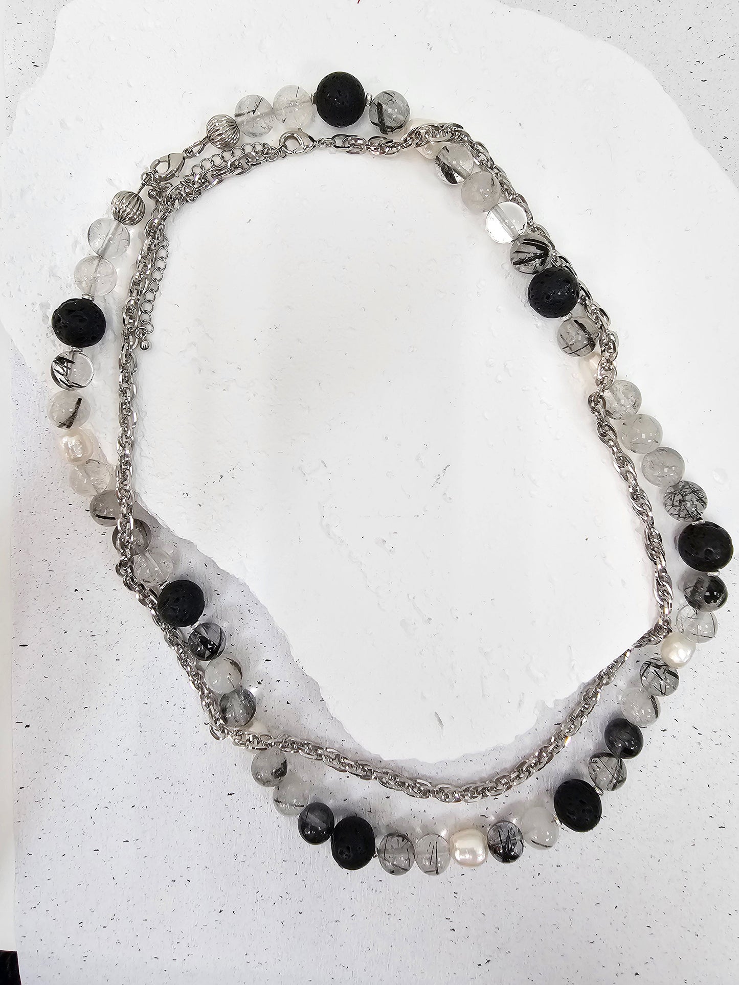 Black Rutilated Quartz With Lava Stone And Pearls Necklace MEN16-4