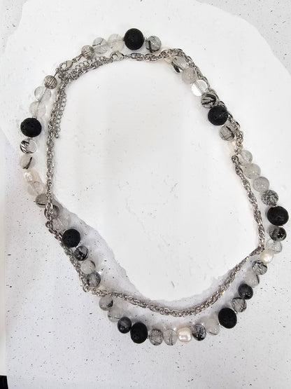 Black Rutilated Quartz With Lava Stone And Pearls Necklace MEN16-4