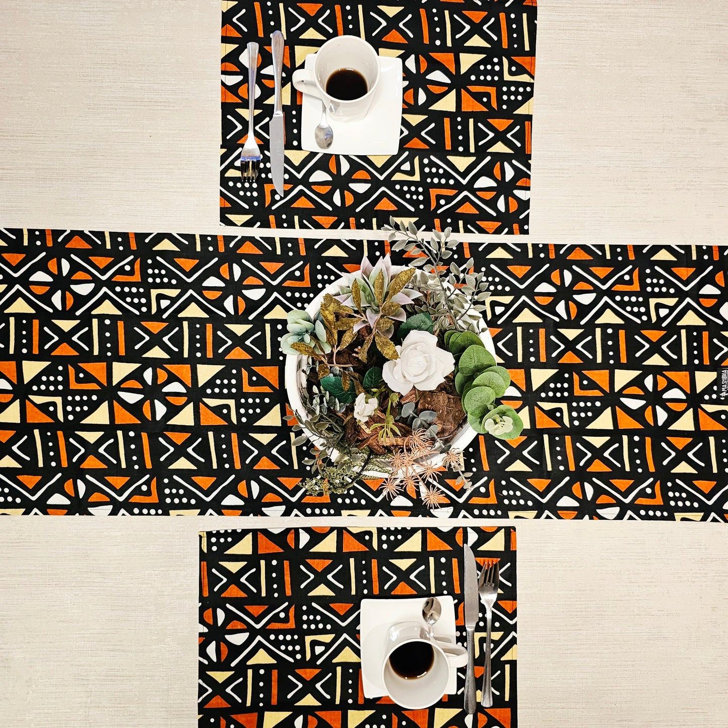 Handmade Table Runner and Set of 4 Placemats | African Print "Mudcloth" Bogolan Inspired Print Made from 100% African Print Fabric-0