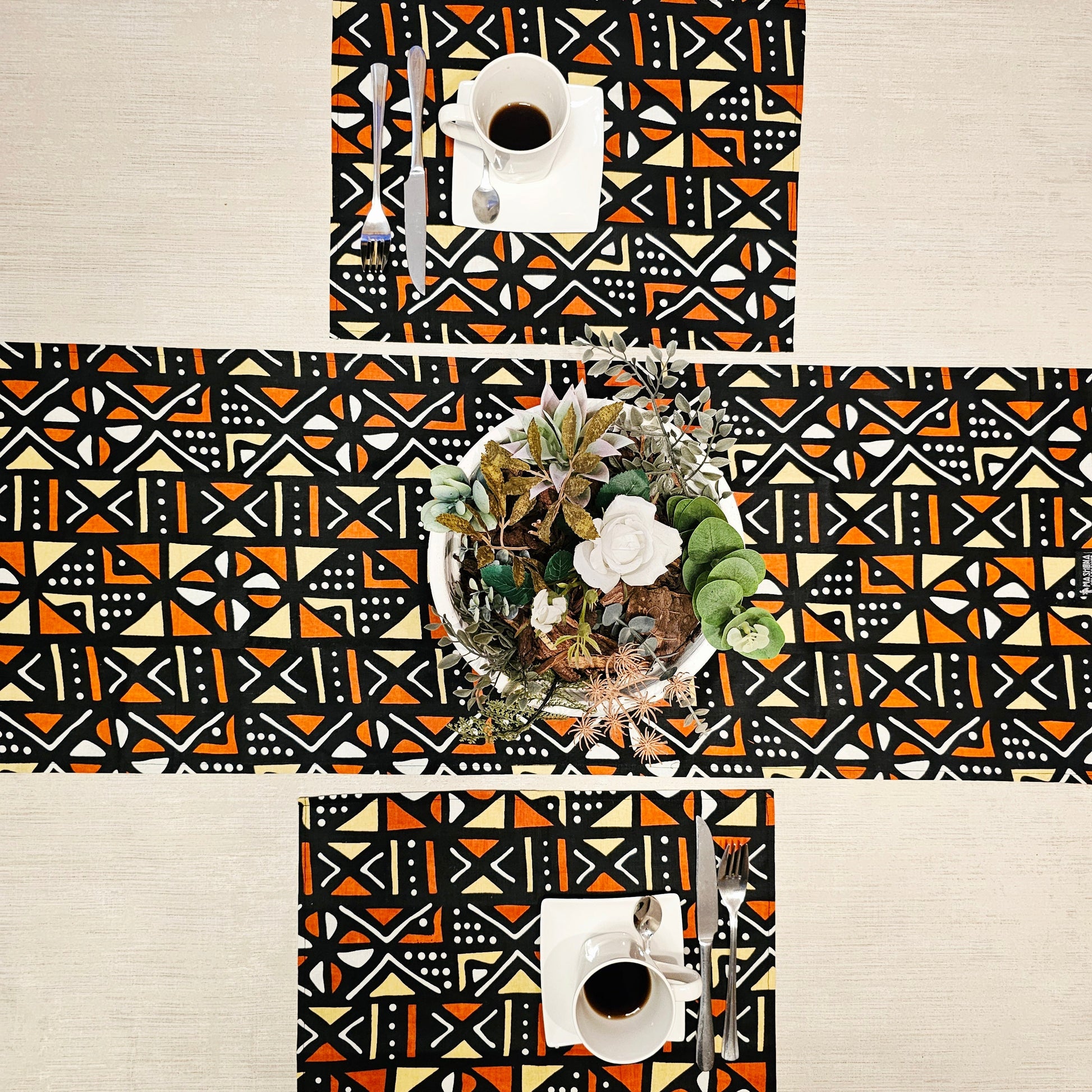 Handmade Table Runner and Set of 4 Placemats | African Print "Mudcloth" Bogolan Inspired Print Made from 100% African Print Fabric-0