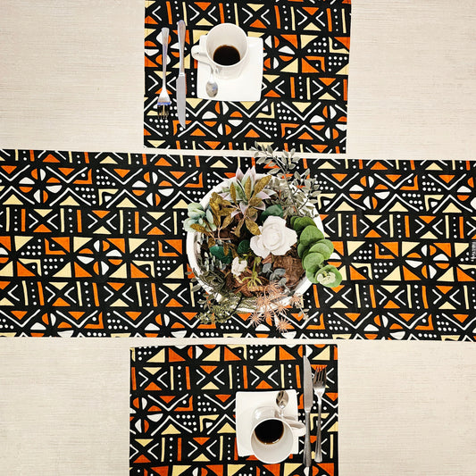 Handmade Table Runner and Set of 4 Placemats | African Print "Mudcloth" Bogolan Inspired Print Made from 100% African Print Fabric-0