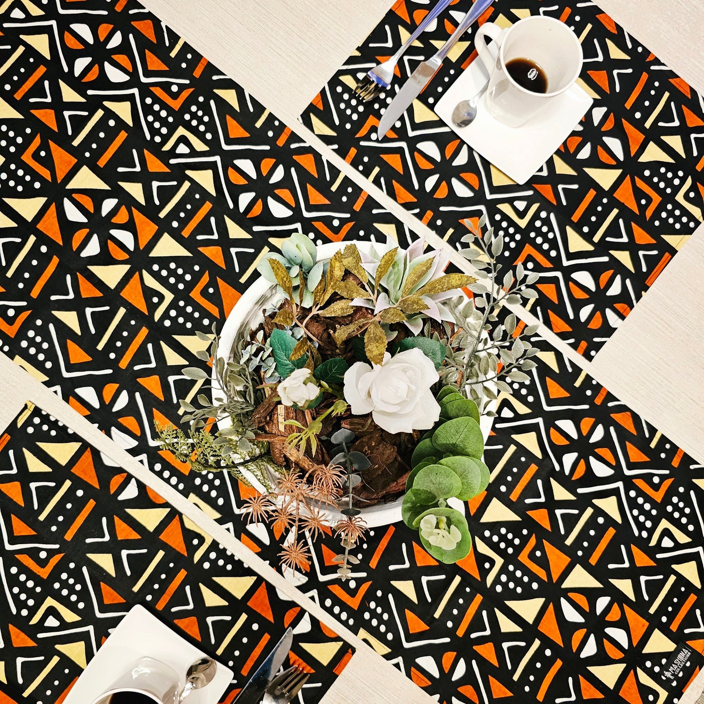 Handmade Table Runner and Set of 4 Placemats | African Print "Mudcloth" Bogolan Inspired Print Made from 100% African Print Fabric-2