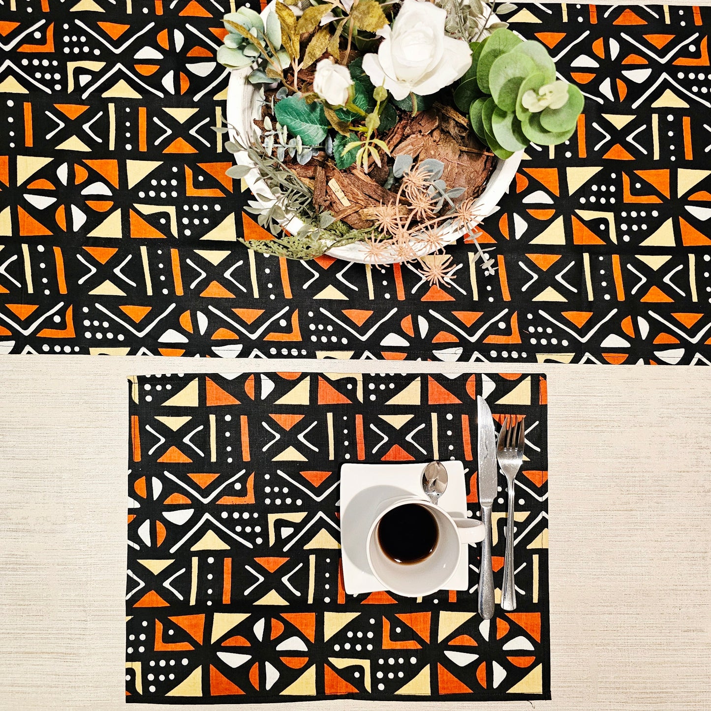 Handmade Table Runner and Set of 4 Placemats | African Print "Mudcloth" Bogolan Inspired Print Made from 100% African Print Fabric-3